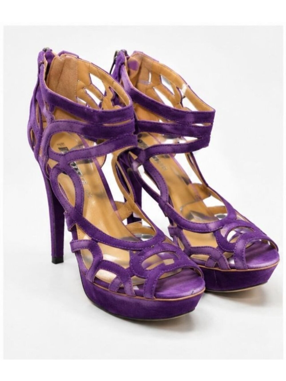 Nine West Purple Suede Platform Heels Women’s Size 8M Strappy Cage Stiletto Sand